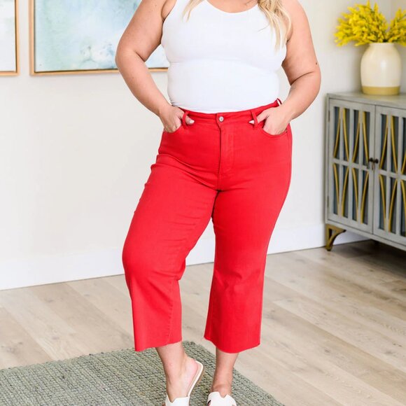 LISA HIGH RISE CONTROL TOP WIDE LEG CROP JEANS IN RED - Picture 1 of 9